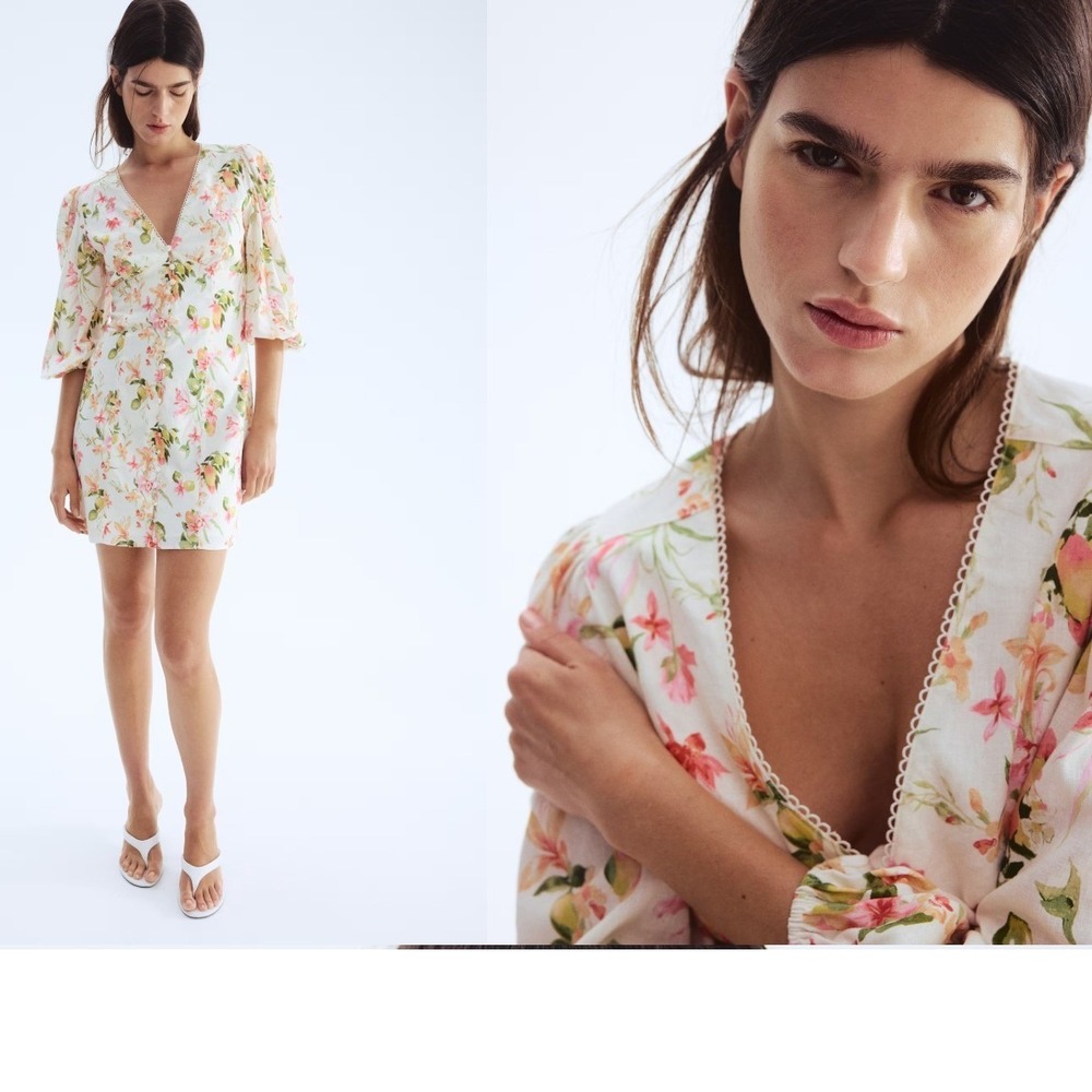 H&M Linen Blend Floral Citrus Puff Sleeve Button Front Mini Dress Cream XL - Picture 2 of 13